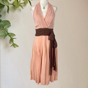Bcbgmaxazria Whimsical Pink Brown Fairy Lace Silk Midi Dress XS / 2